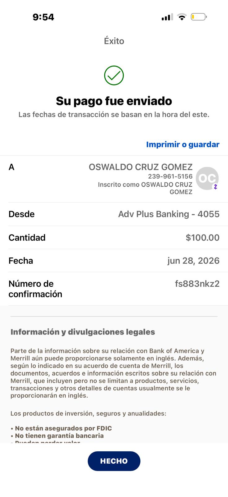 Comprobante de pago del premio